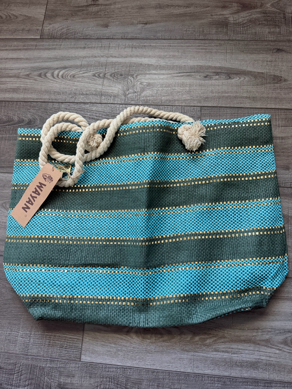 Wanan Striped Rope-Handle Beach Bag in Teal and Dark Green